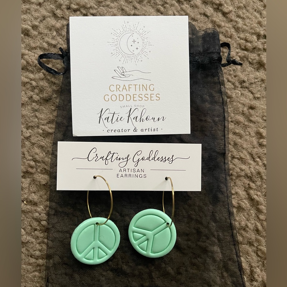 Crafting Goddess Hypoallergenic Hoop Earrings – NWT | Peace Sign Teal Clay
